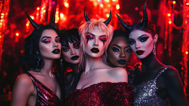 Stunning group of five glamorous women with devil horns at a vibrant Halloween-themed party, showcasing bold makeup and striking poses in dramatic lighting