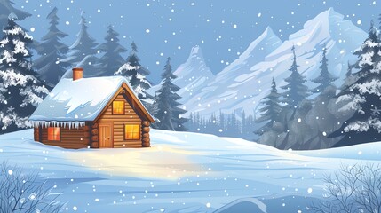 Fototapeta premium A cartoon illustration of a cabin in the snow with a snowy mountain in the background.
