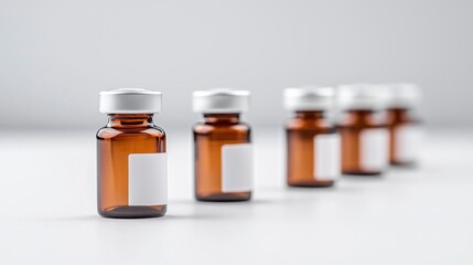 Brown Glass Vials With White Labels On A Light Background