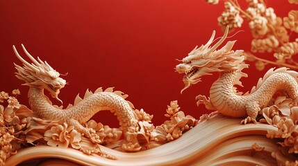 Fototapeta premium Intricately carved golden Chinese wooden dragons against a bold red background, perfect for Chinese New Year 2024 invitations, celebrations or cultural events.