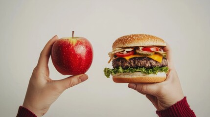Healthy vs Unhealthy Food Choice: Hand Holding an Apple and a Burger Representing Nutrition and Lifestyle Decisions