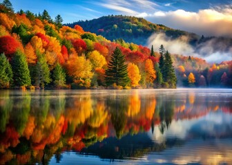 Fototapeta premium Serene Autumn Lake Reflection: Misty Mountains & Colorful Trees at Dawn