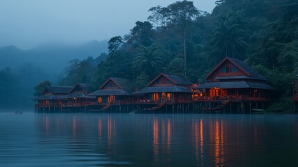 Serene Lakeside Cabins at Dusk with Soft Illumination