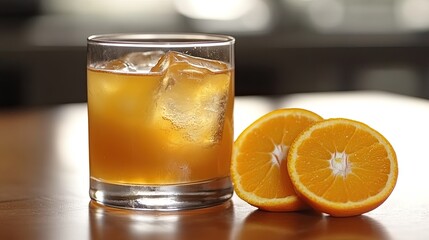 Refreshing Orange Beverage with Ice Cubes and Fresh Citrus Slices