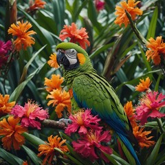 A beautiful parrot sitting amidst vibrant tropical flowers.