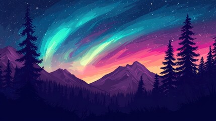 Serene Mountain Landscape with Pine Forest and Vibrant Aurora Borealis Illuminating the Starry Night Sky
