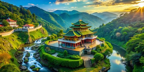 Fototapeta premium Serene Cartoon Taoist Temple Drone View: Peaceful Asian Landscape Illustration