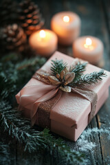 Pink Christmas gift box with pinecone and candles on wooden table