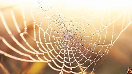 A close-up of a dew-covered spider web glistening in soft morning light.