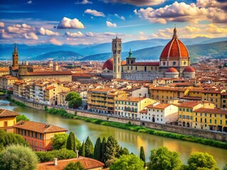 Fototapeta premium Serene Florence: Duomo, Ponte Vecchio & Arno River Panorama - Italian Cityscape
