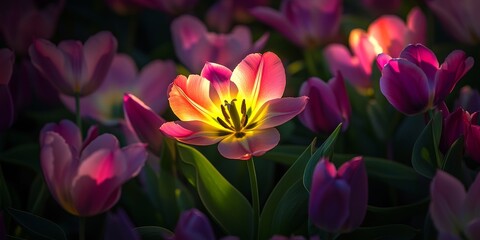 Obraz premium A closeup of a stunning tulip Green Star illuminated by spring sunshine. The lily type tulip Green Star offers captivating detail while soft focus plum tulips create a beautiful backdrop.