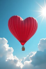 Fototapeta premium Heart-shaped hot air balloon floating in clear blue sky. Valentine's day concept.