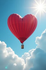 Fototapeta premium Heart-shaped hot air balloon floating in clear blue sky. Valentine's day concept.
