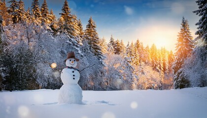 satisfied snowman in wintry weather wonderland with trees and lighting