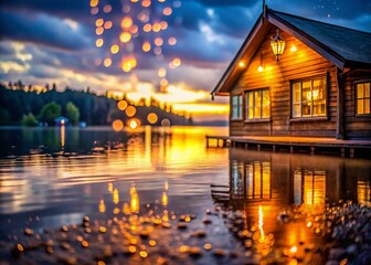 Serene Lakeside Cottage at Twilight: Glowing Macro Photography
