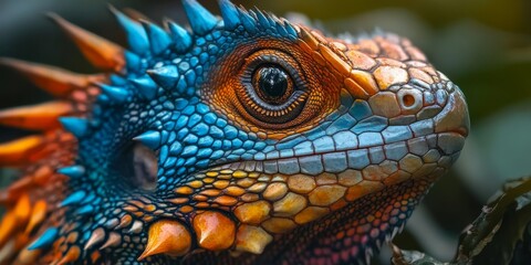 Fototapeta premium Close up of a maned forest lizard, showcasing the intricate details of its vibrant colors and unique features. This animal close up captures the essence of the maned forest lizard beautifully.