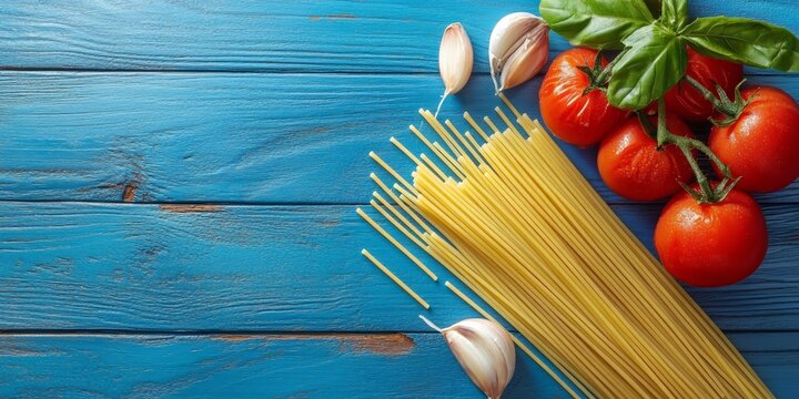 Spaghetti with tomato and garlic beautifully arranged on a blue wooden background, showcasing the delicious combination of spaghetti, tomato, and garlic for a vibrant culinary presentation.