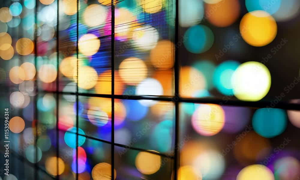 Poster a vibrant display of colorful bokeh lights creating a dreamy atmosphere, with a blurred grid pattern