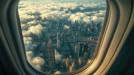 Naklejka premium Aerial View of a Cityscape from an Airplane Window Above Clouds