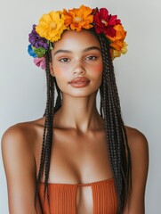 Naklejka premium Young woman with braided hair and vibrant flower crown posing gracefully against a neutral background
