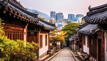 Obraz premium Traditional Korean Architecture in a Scenic Urban Landscape with Modern Buildings on the Horizon at Sunset