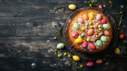 Easter cake decorated with colorful Easter eggs serves as a delightful portion on the table. This top view highlights the rustic meal, offering ample copy space for text in the food background.