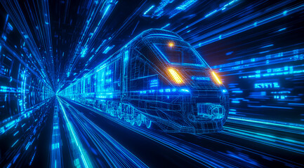 Digital wireframe train moving at high speed in blue light