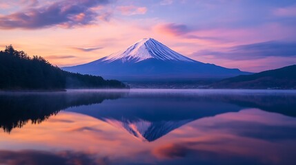 Fototapeta premium Majestic snow-capped mountain reflected in a calm lake at sunrise, vibrant colors.