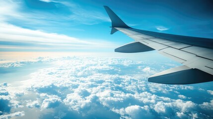 Obraz premium Airplane Wing Above Clouds with Blue Sky and Soft Clouds
