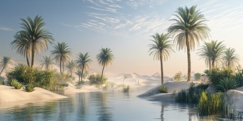 Obraz premium A hazy oasis encircled by date palm trees on soft, sandy dunes creates a serene and tranquil landscape filled with natural beauty.