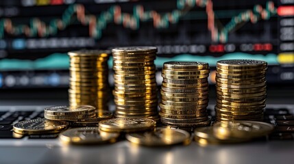 Stacks of gold coins with stock market or forex trading graph background.  