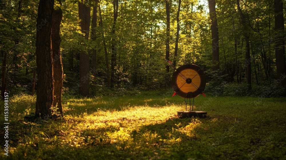 Poster a tranquil archery range amidst a lush forest setting, bow and arrows elegantly displayed, natural o