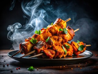 Fiery chicken silhouettes, smoky tandoor glow, dramatic culinary art.