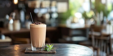 Vegan coffee smoothie displayed on a stylish coffee shop table, showcasing a healthy drink option. This refreshing coffee smoothie offers a delightful side view for beverage lovers.