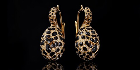 Stunning leopard earrings showcased against a black background, featuring a captivating design of beautiful animal motifs. This pair of leopard earrings exemplifies elegance and charm.