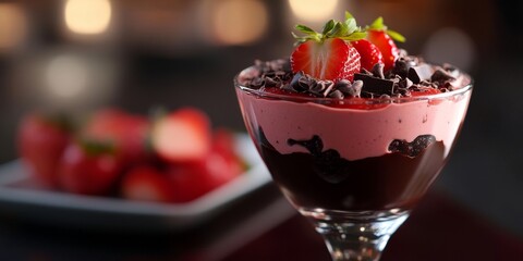 Delicious strawberry chocolate dessert presented in an elegant glass, featuring the perfect blend of strawberry flavors and rich chocolate, offering a delightful indulgence for dessert lovers.