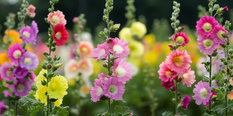 Fototapeta premium Bright and colorful hollyhocks are flourishing in a natural landscape, showcasing their beauty in a lively field of vibrant flowers.
