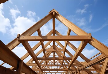 Obraz premium Wooden roof frame structure against a blue sky