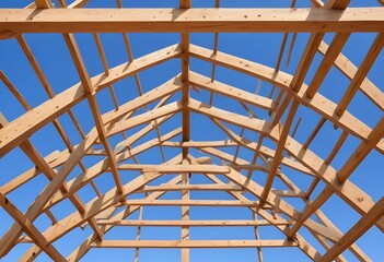 Obraz premium Wooden roof frame structure against a blue sky