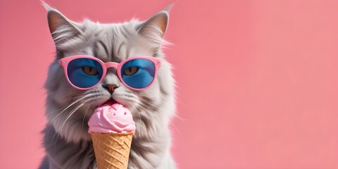 A cute tabby cat wearing pink sunglasses and licking an ice cream cone against a background