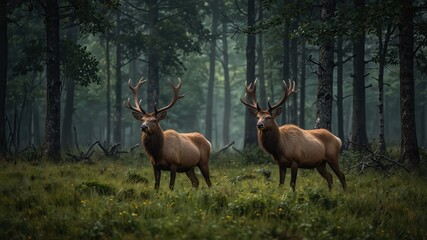 Fototapeta premium Two antelopes in a dense forest clearing during a misty morning, peacefully grazing amidst tall trees, symbolizing wildlife serenity and natural habitat.