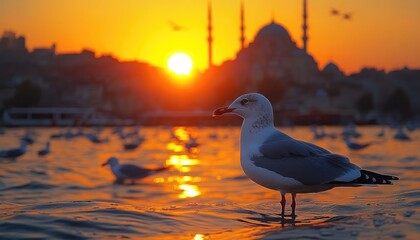 Seagull Standing Water at Golden Hour with Istanbul Mosque Silhouette
