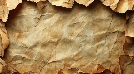 Crumpled, aged paper texture with torn edges, creating a frame for text or design.