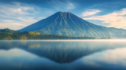 Majestic volcano reflected in calm lake at sunrise.