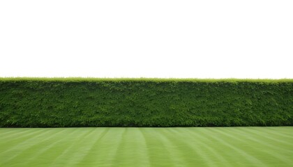 A lush green hedge or shrub wall with a grassy field in the foreground