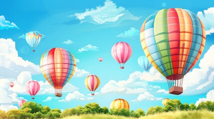 Fototapeta premium A cartoon illustration of hot air balloons floating in a blue sky with white clouds.