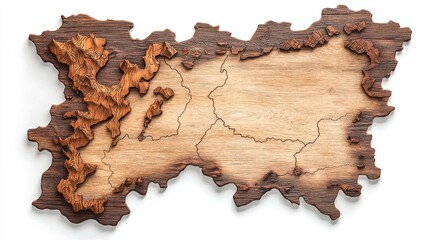 A wooden map of a region with a lot of detail