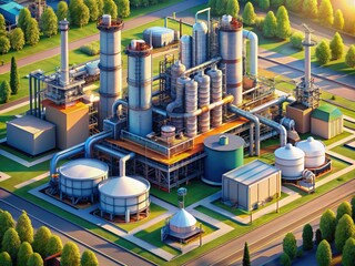 Fototapeta premium Flat 3D isometric oil refinery illustration showcasing petrochemical plant infrastructure.