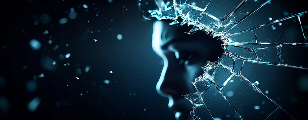 Fototapeta premium cracked mirror reflecting distorted lonely face in dark and moody atmosphere