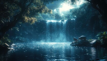 Obraz premium Two Capybaras by Waterfall in Enchanted Dark Forest at Night